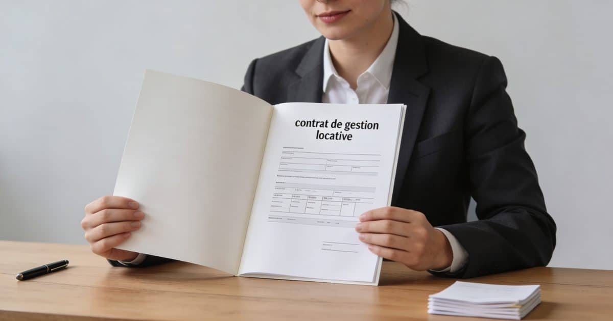 agent immobilier montre contrat de gestion locative sur bureau
