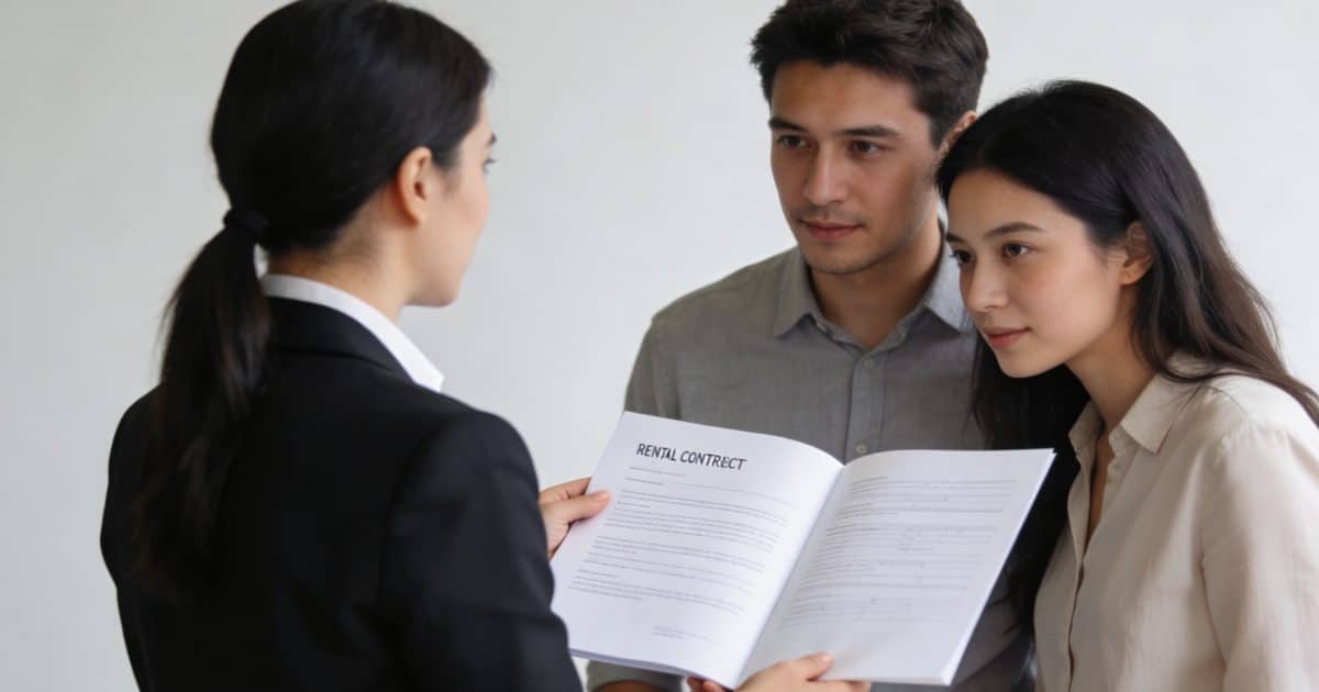 Agent immobilier montre contrat de location a un couple