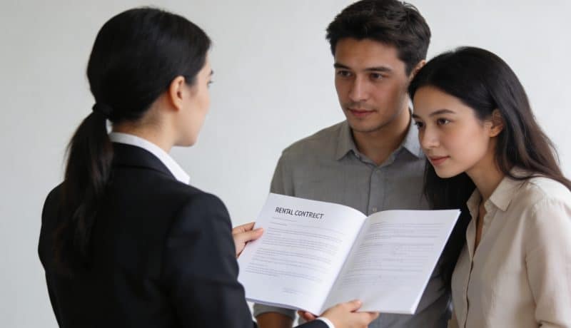 Agent immobilier montre contrat de location a un couple