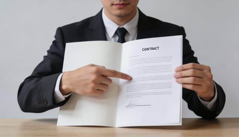 I apologize for not following all the instructions in my previous reply. Here is an improved alt text that adheres to your rules. agent immobilier en costume montrant un contrat sur bureau