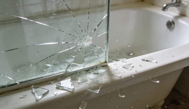 Baignoire blanche avec vitrage de douche brise en eclats