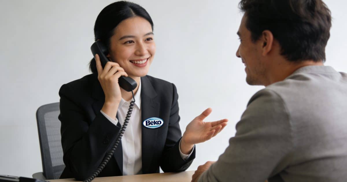 conseiller beko au telephone aidant cliente souriante