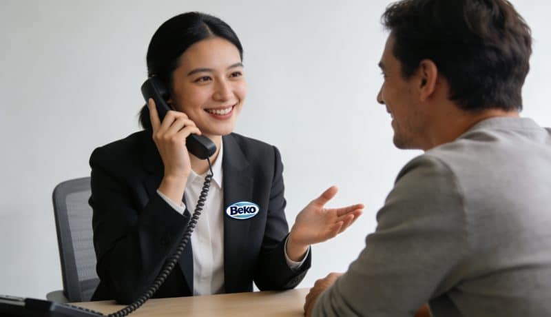 conseiller beko au telephone aidant cliente souriante