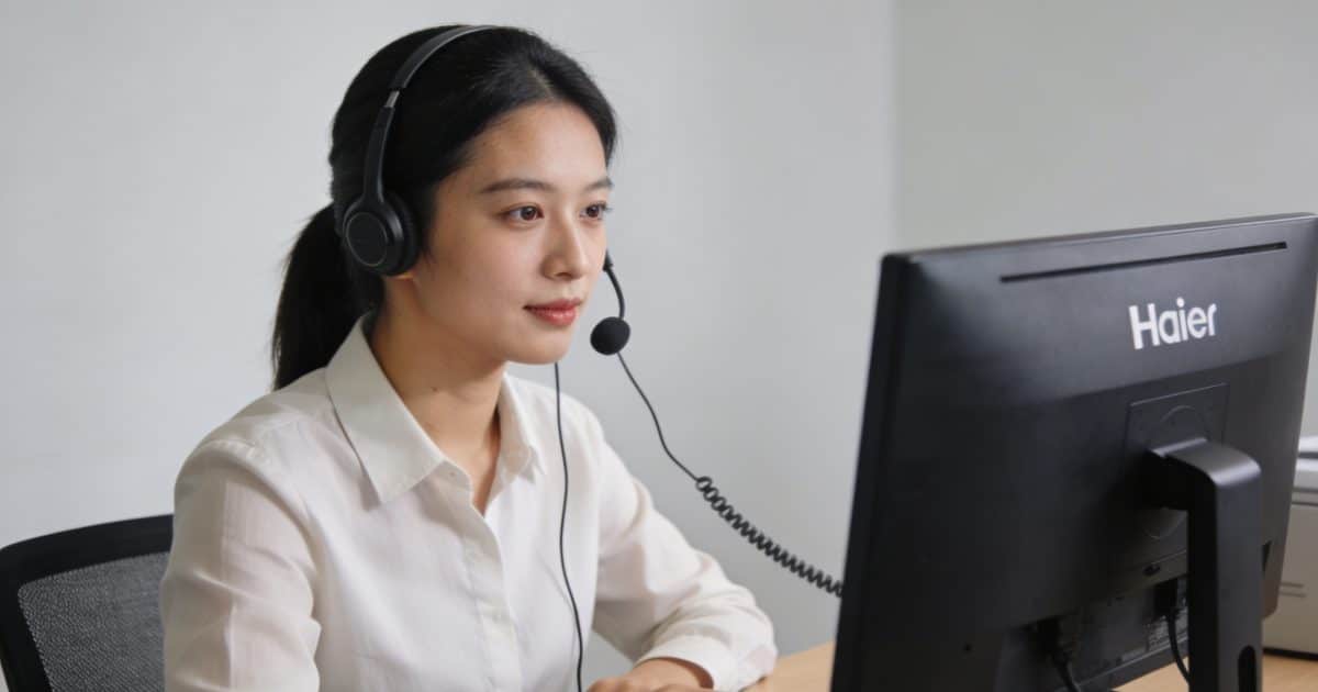 conseiller telephone haier assis au bureau ordinateur