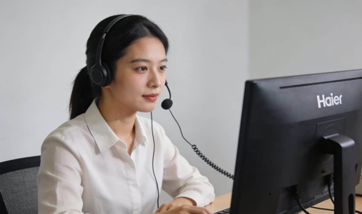 conseiller telephone haier assis au bureau ordinateur