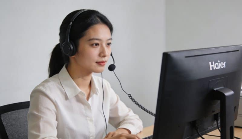 conseiller telephone haier assis au bureau ordinateur