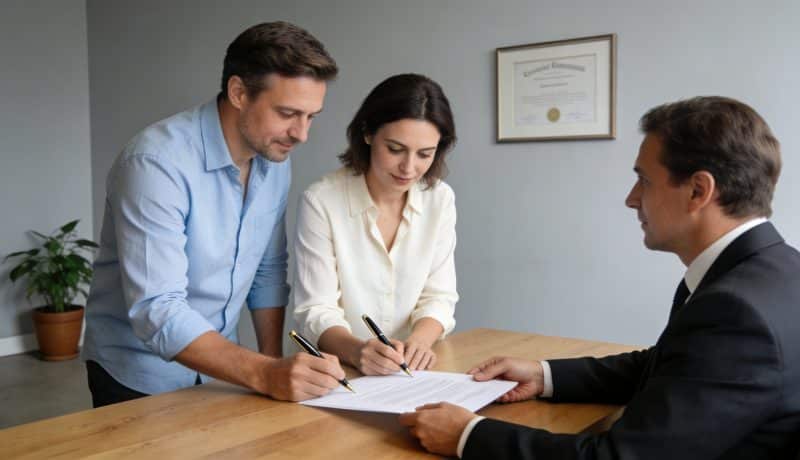 couple age signe contrat maison devant notaire