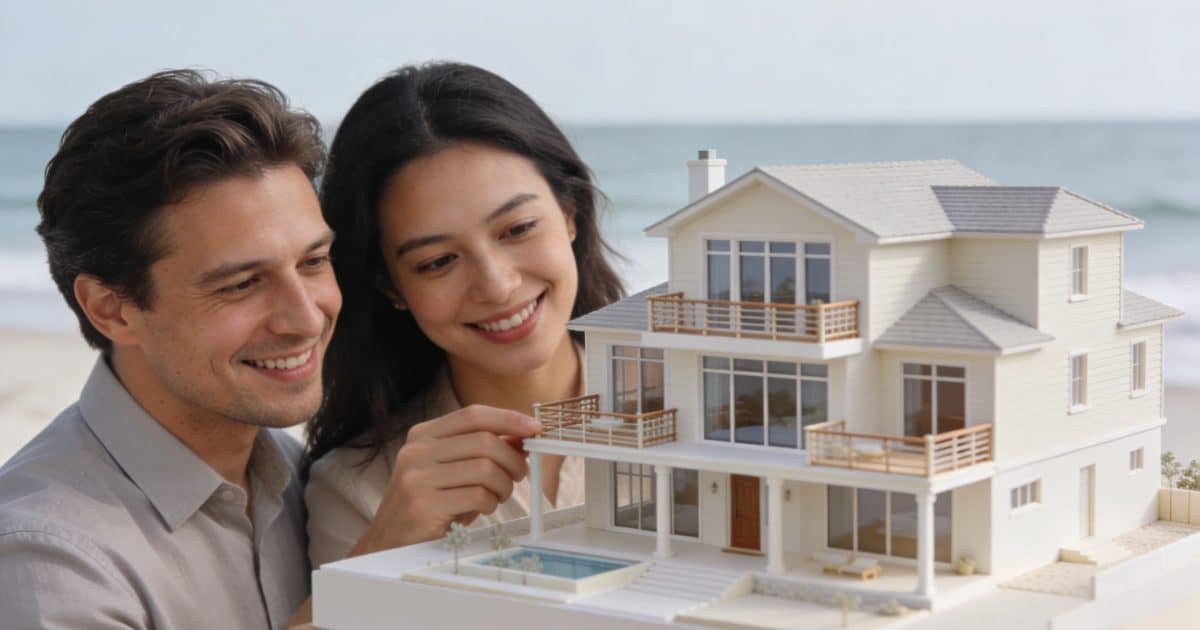 Couple souriant examine maquette de residence balneaire