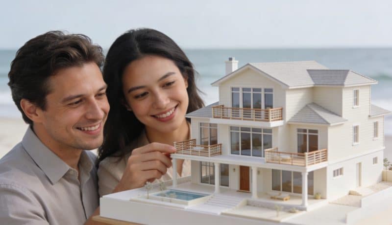 Couple souriant examine maquette de residence balneaire
