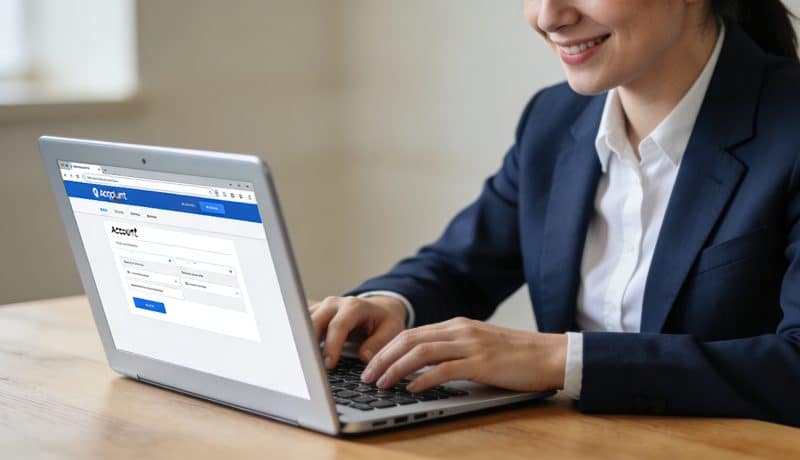 employe souriant consulte son compte en ligne sur ordinateur