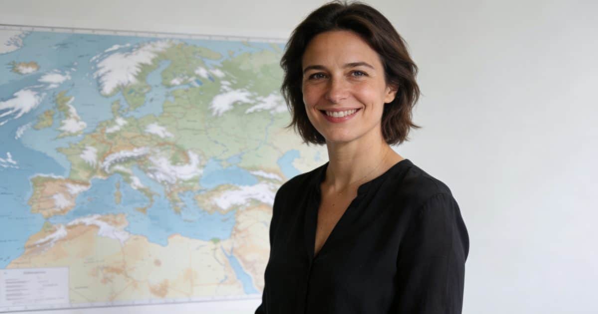 Evelyne Dheliat souriante devant carte meteo en studio