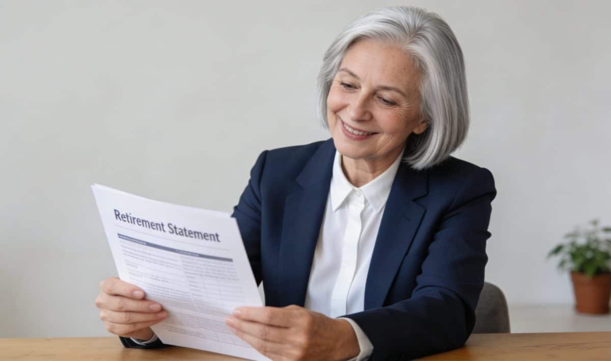 femme agee souriante consultant un relevé de retraite
