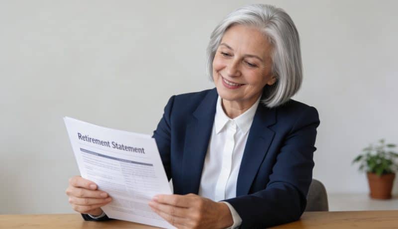 femme agee souriante consultant un relevé de retraite