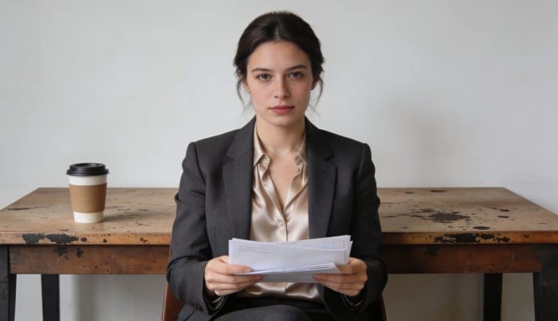 femme assise devant bureau caf tenant courrier