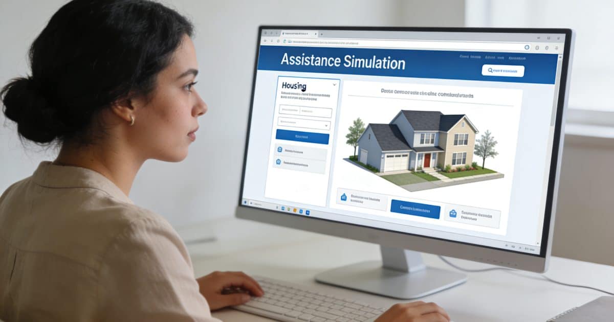 femme assise devant ordinateur consultant simulation aide logement