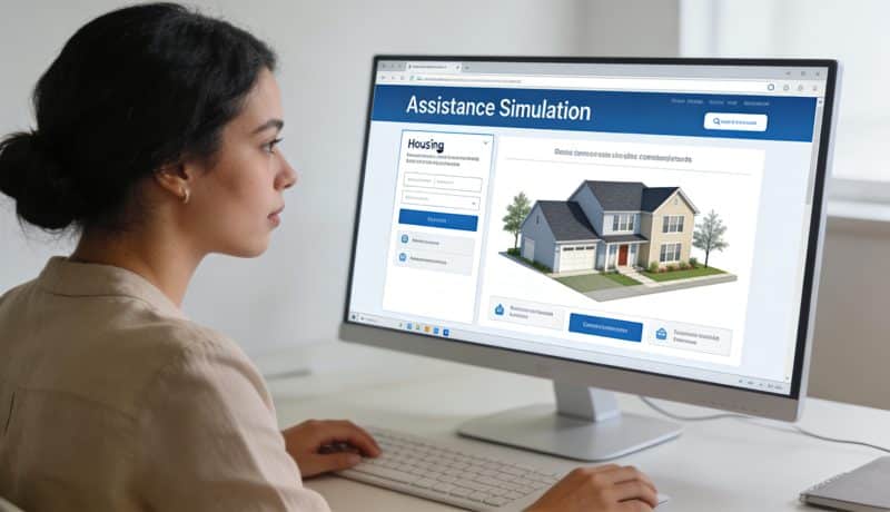 femme assise devant ordinateur consultant simulation aide logement