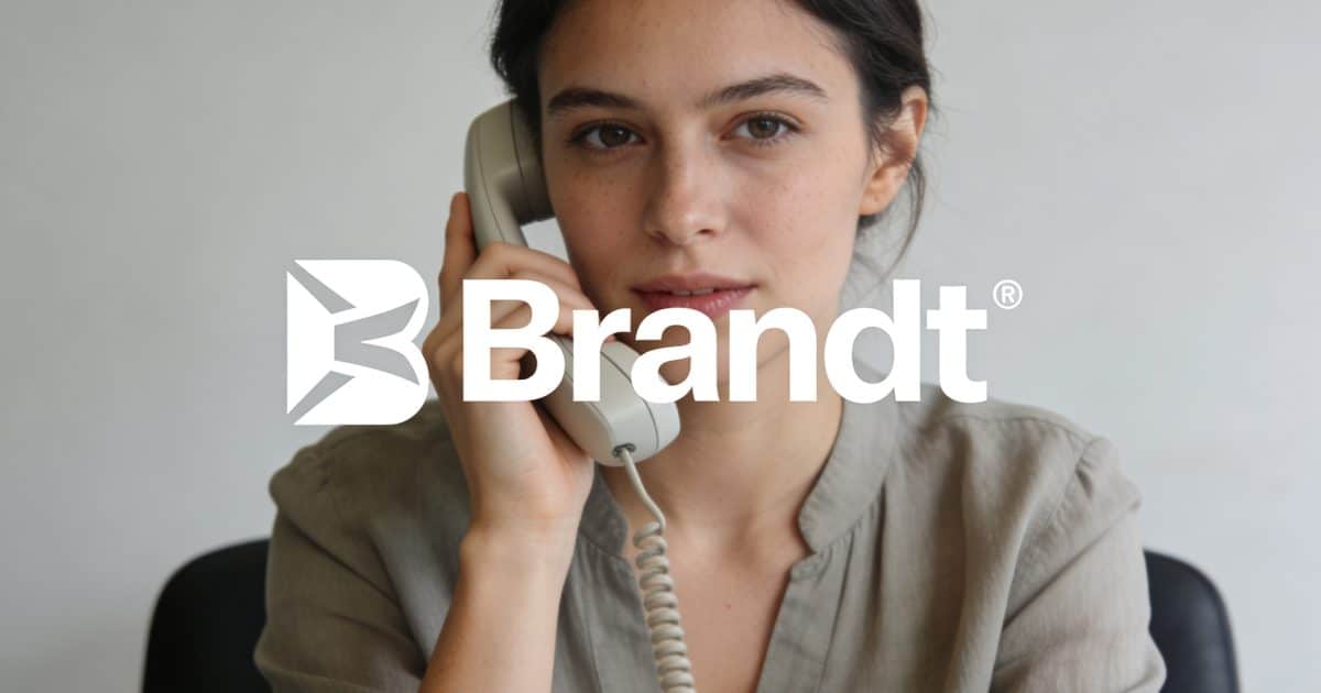 femme assise au telephone devant logo brandt