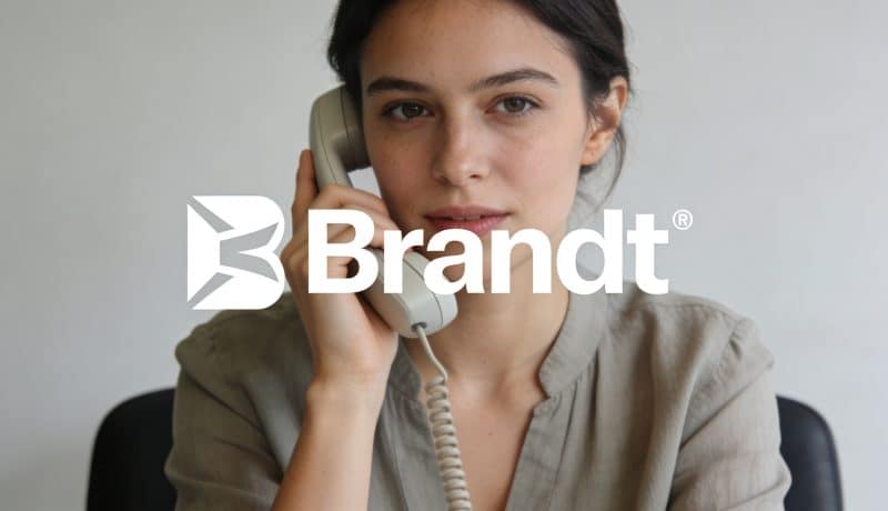 femme assise au telephone devant logo brandt