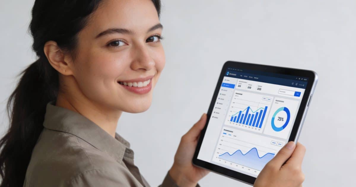 femme souriante utilise une tablette affichant tableau de bord en ligne