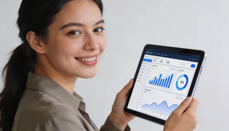 femme souriante utilise une tablette affichant tableau de bord en ligne