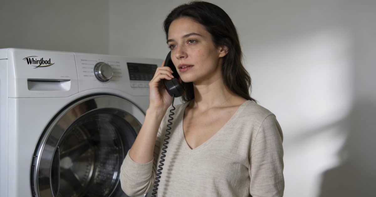 femme au telephone devant lave linge whirlpool