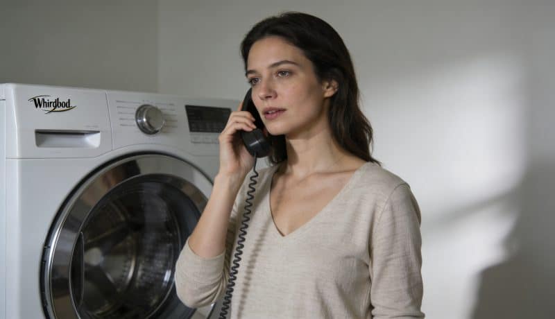 femme au telephone devant lave linge whirlpool