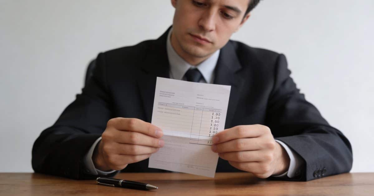 fonctionnaire pensif verifiant petite somme sur fiche de paie