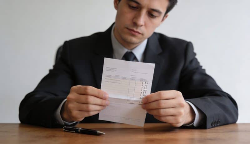 fonctionnaire pensif verifiant petite somme sur fiche de paie