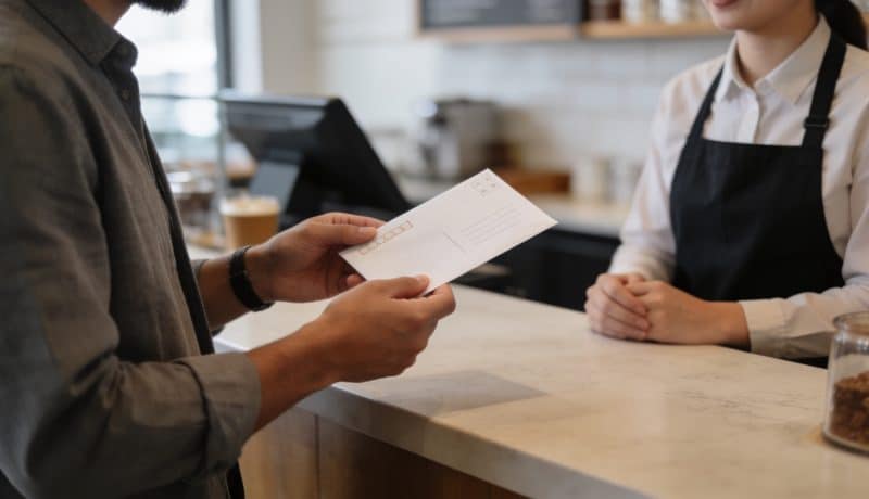 guichet caf avec usager debout montrant courrier
