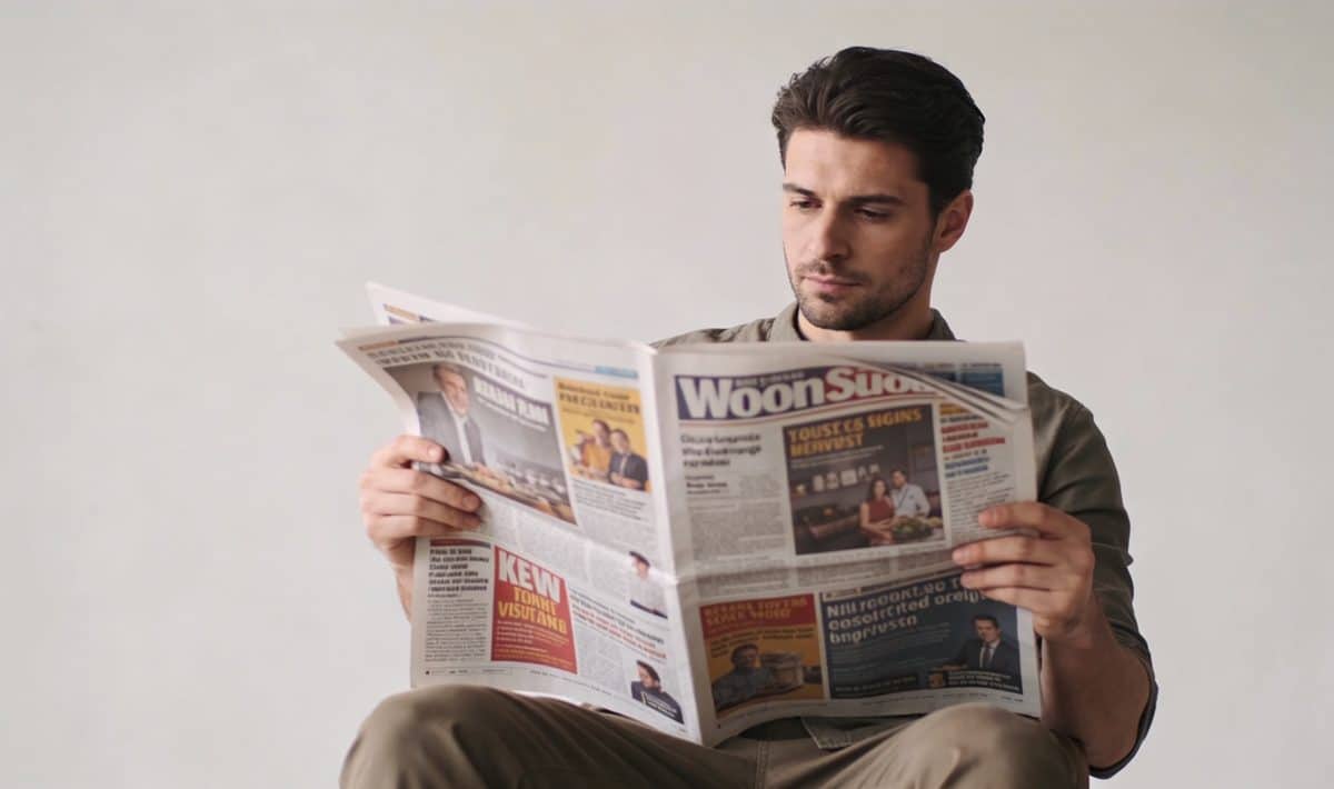 Homme assis lisant journal ouvert plein de publicites