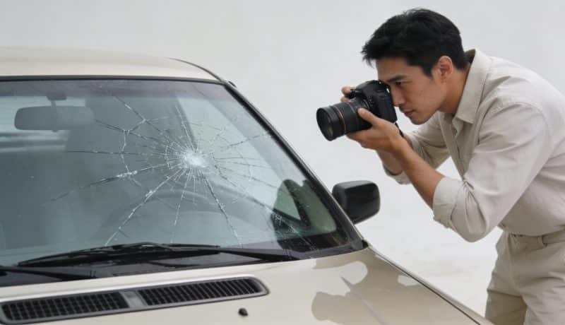 Homme photographie pare brise fissure devant voiture assureur