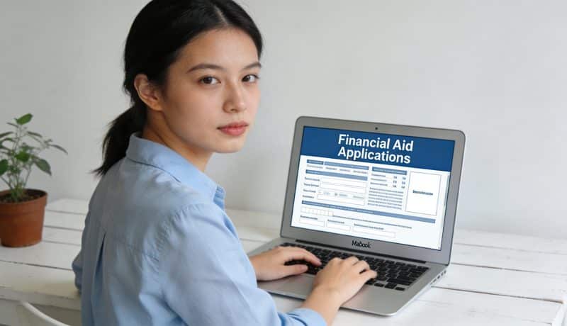 jeune femme assise devant ordinateur affichant formulaire aides