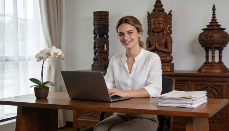 Jeune femme francophone souriante travaillant dans bureau thailandais