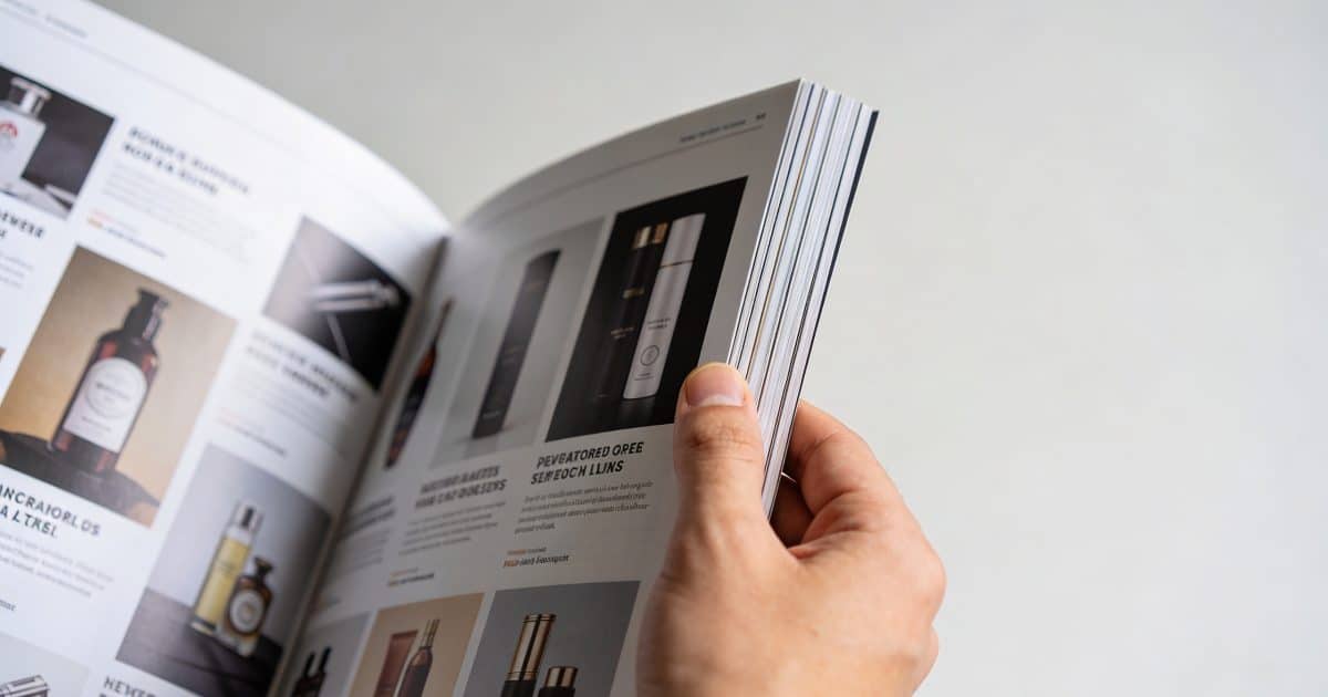 main tenant un magazine ouvert rempli de publicites