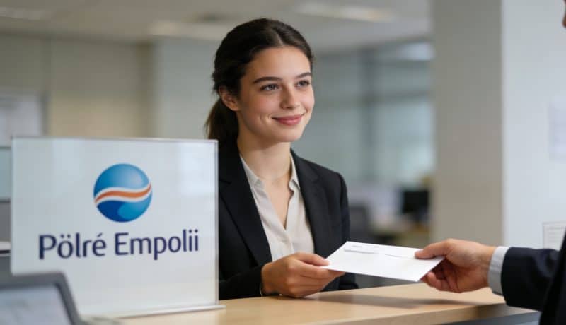 Mere seule souriante recevant enveloppe au guichet pole emploi