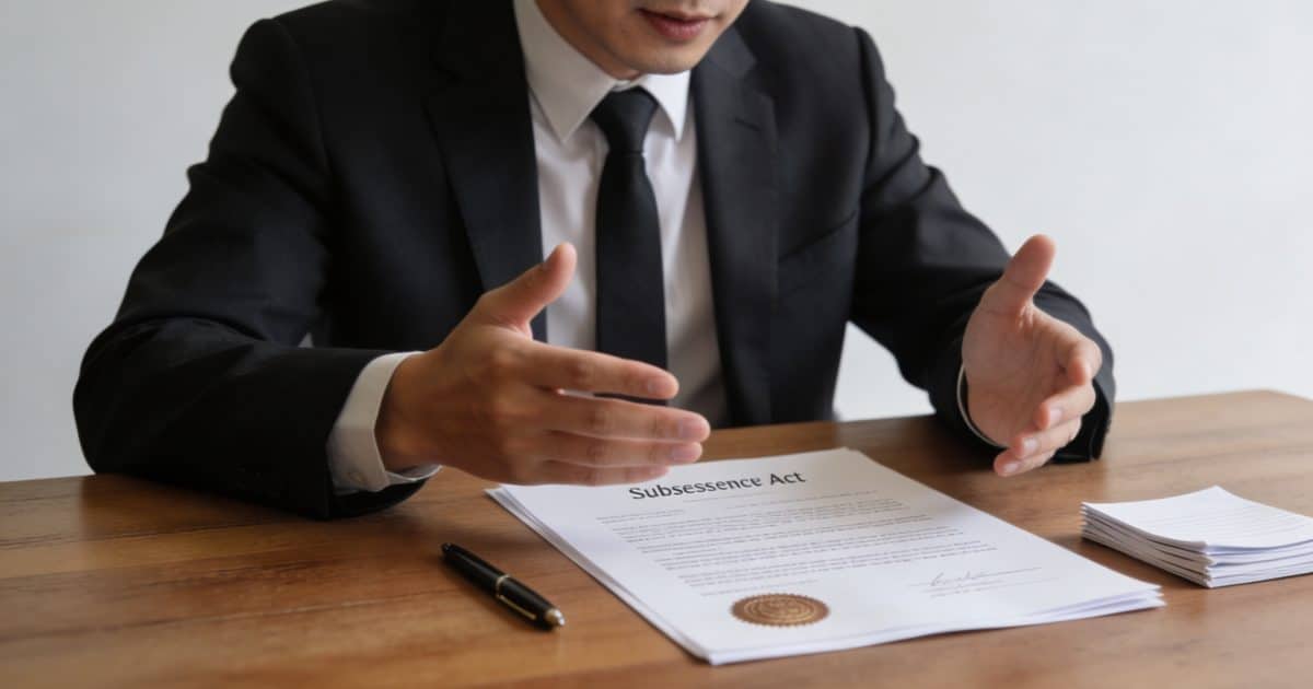 Notaire expliquant un acte de succession sur table