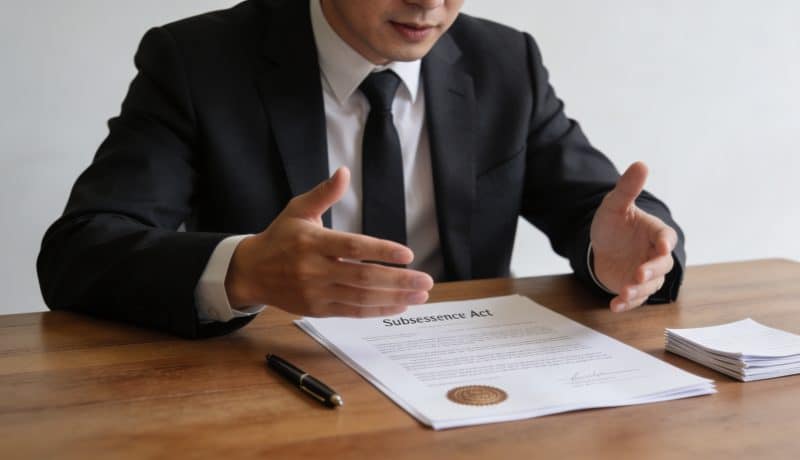 Notaire expliquant un acte de succession sur table