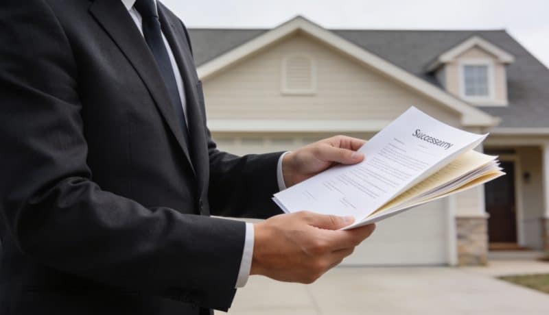 Notaire montrant documents de succession devant maison familiale