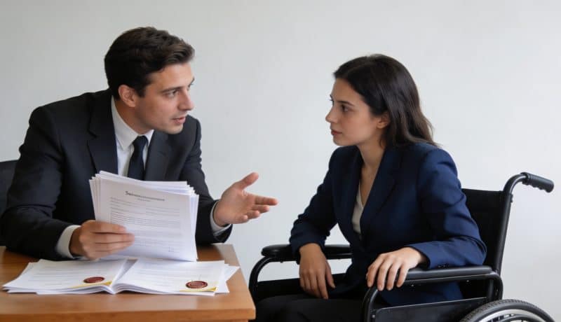 Notaire expliquant documents de succession a femme en fauteuil roulant