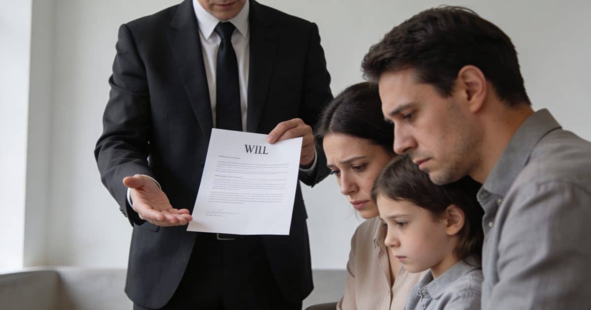 Notaire montrant un testament a une famille endeuillée