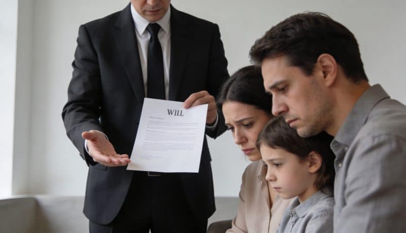 Notaire montrant un testament a une famille endeuillée