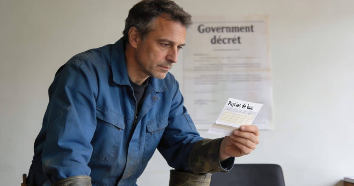 ouvrier examine petite fiche de paie devant decret