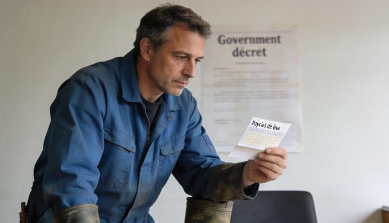 ouvrier examine petite fiche de paie devant decret