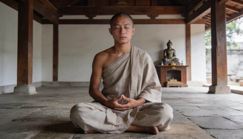 Pelerin assis en meditation dans un temple bouddhiste