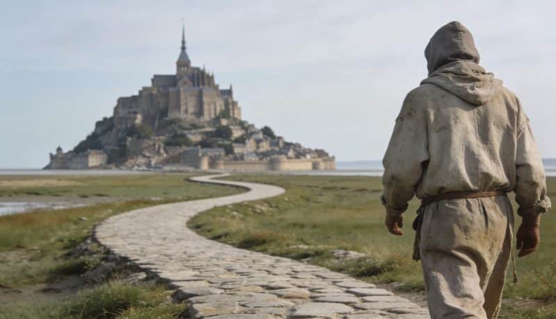 Pelerin marchant seul vers le Mont Saint Michel