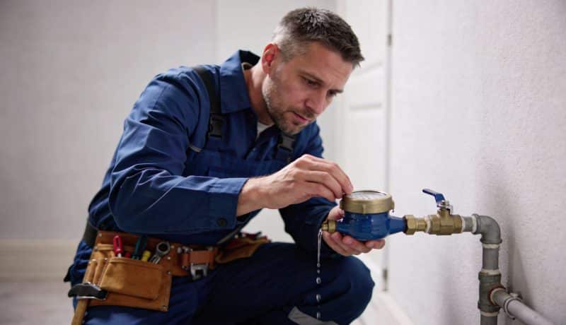 Plombier accroupi inspectant un compteur deau qui fuit