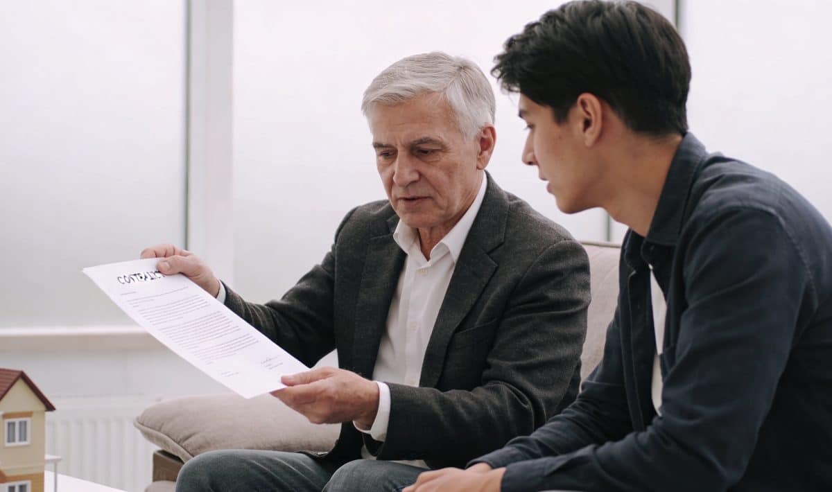 Proprietaire assis examinant contrat avec jeune garant