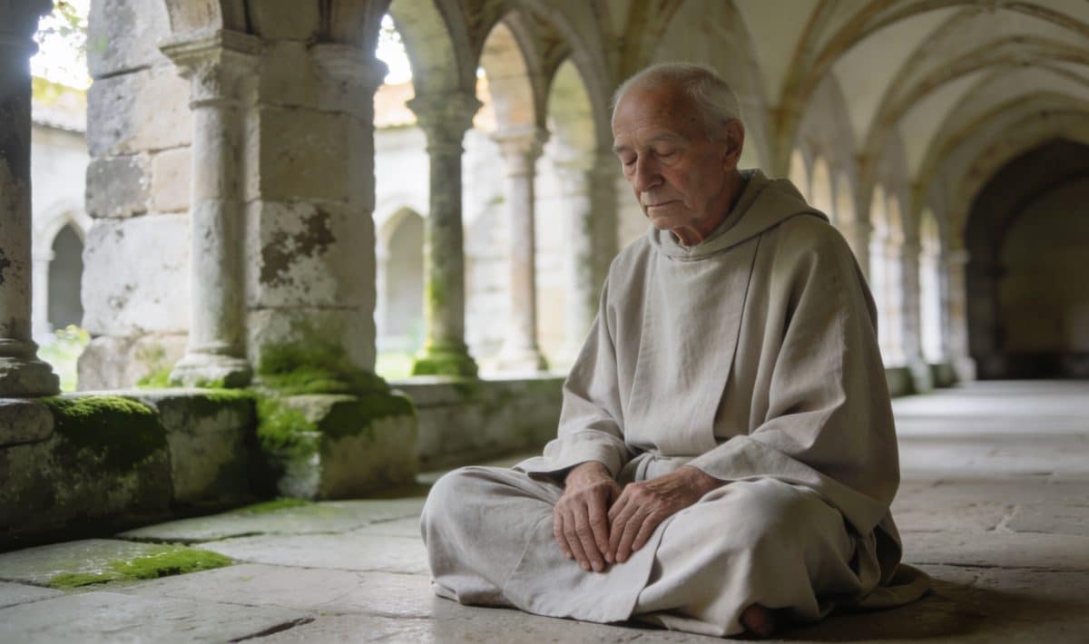 Vieil homme meditant assis en robe dans un cloître