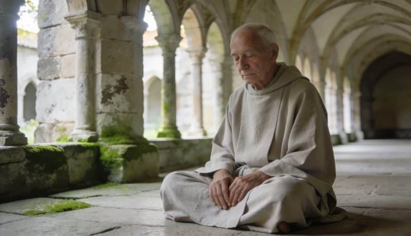 Vieil homme meditant assis en robe dans un cloître