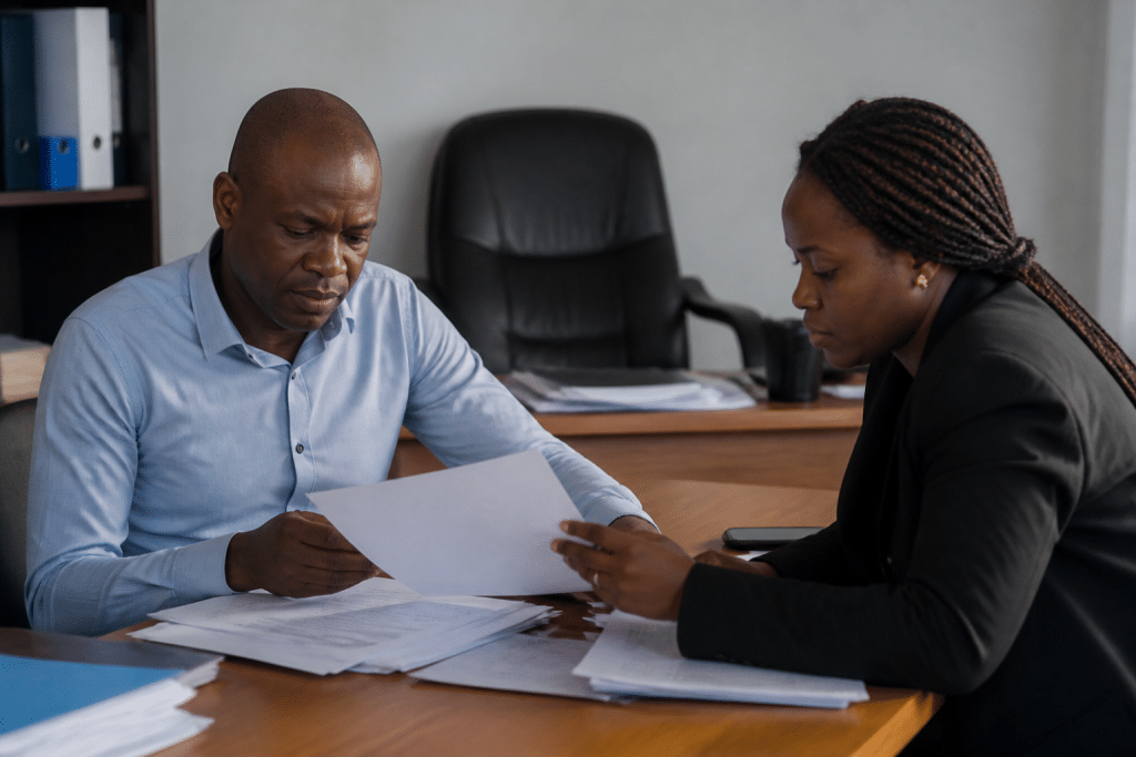 Agents administratifs etudiant contrats avec documents officiels.